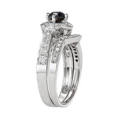 HDI 14k White Gold 1 Carat T.W. Black & White Diamond Engagement Ring Set