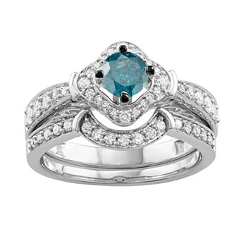 HDI 14k White Gold 1 Carat T.W. Blue & White Diamond Engagement Ring Set