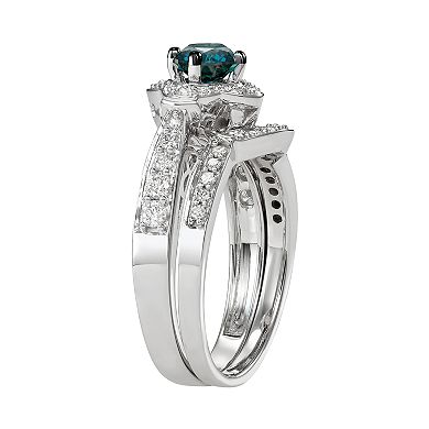 14k White Gold 1 Carat T.W. Blue & White Diamond Engagement Ring Set