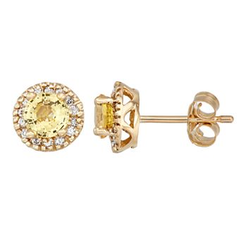14k Gold Yellow Sapphire & 1/8 Carat T.W. IGL Certified Diamond Halo Earrings