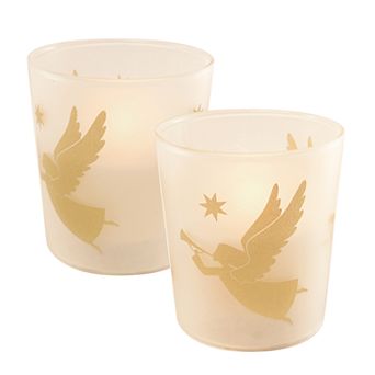 LumaBase Battery Operated Wax Candle Filled in Glass Holders- Gold Angels 2 ct