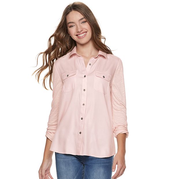 Juniors' SO® Knit-to-Woven Button Down Shirt