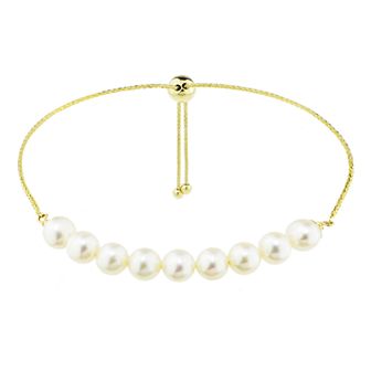 Jewelmak 14k Gold Freshwater Cultured Pearl Curved Bar Lariat Bracelet
