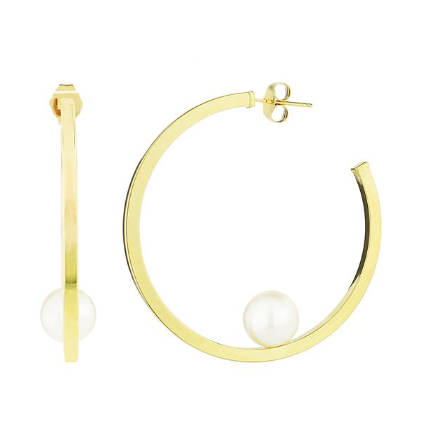 Jewelmak 14k Gold Freshwater Cultured Pearl Hoop Earrings