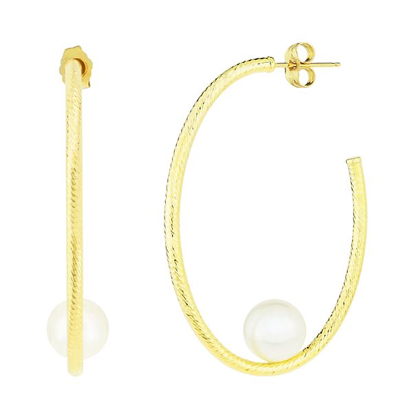 Jewelmak 14k Gold Freshwater Cultured Pearl Oval Hoop Earrings