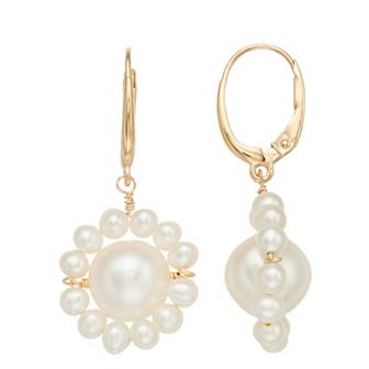 Jewelmak 14k Gold Freshwater Cultured Pearl Flower Drop Earrings