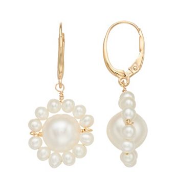 Jewelmak 14k Gold Freshwater Cultured Pearl Flower Drop Earrings
