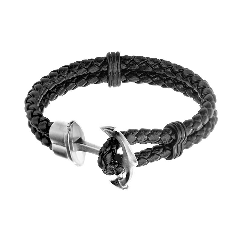 Mens Braided Leather & Stainless Steel Anchor Bracelet, Size: 8.5, Blac