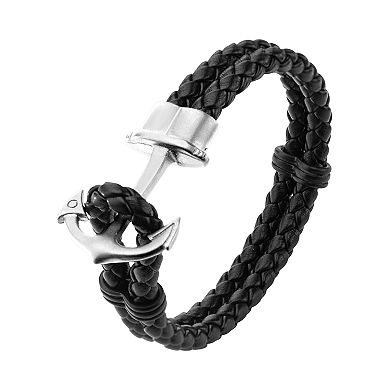 Men's Braided Leather & Stainless Steel Anchor Bracelet