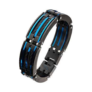 Men's Black & Blue Stainless Steel Wide Cable Link Bracelet