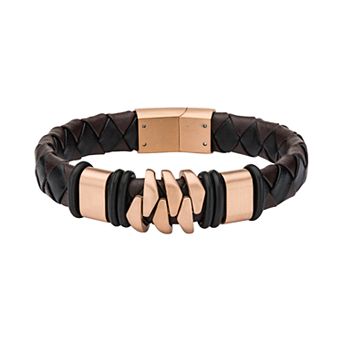 Men's Brown Leather Rose Gold Tone Bracelet