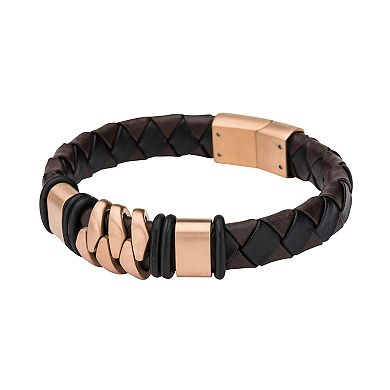 Men's Brown Leather Rose Gold Tone Bracelet