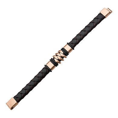 Men's Brown Leather Rose Gold Tone Bracelet