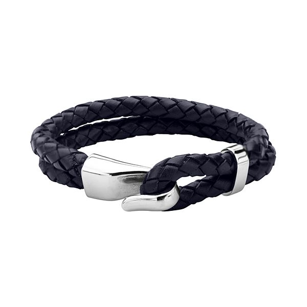 Men's Navy Breaded Leather & Stainless Steel Bracelet