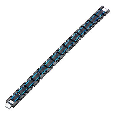 Men's Black & Blue Stainless Steel Carbon Fiber Link Bracelet