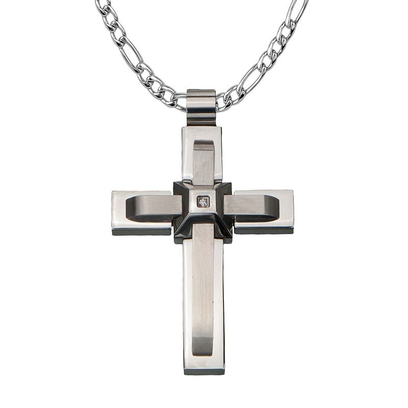 Mens Layered Cross Pendant Necklace, Size: 24, Silver
