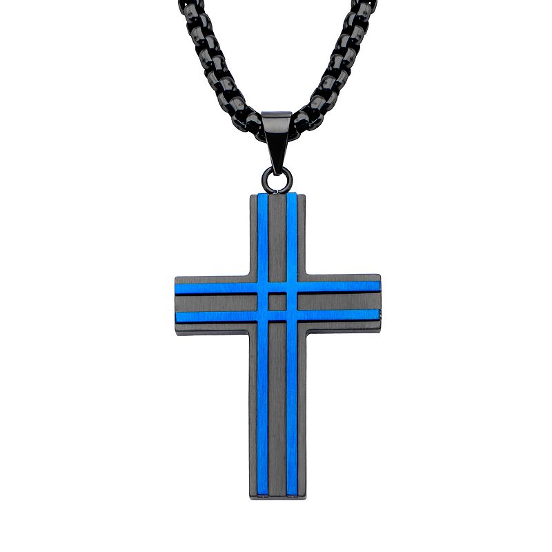 Mens Black & Blue Stainless Steel Cross Pendant Necklace, Size: 24, Mul