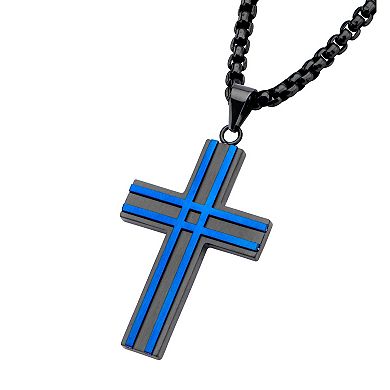 Men's Black & Blue Stainless Steel Cross Pendant Necklace