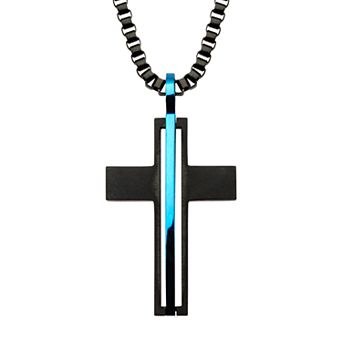 DANTE Men's Stainless Steel Black & Blue Cross Pendant Necklace