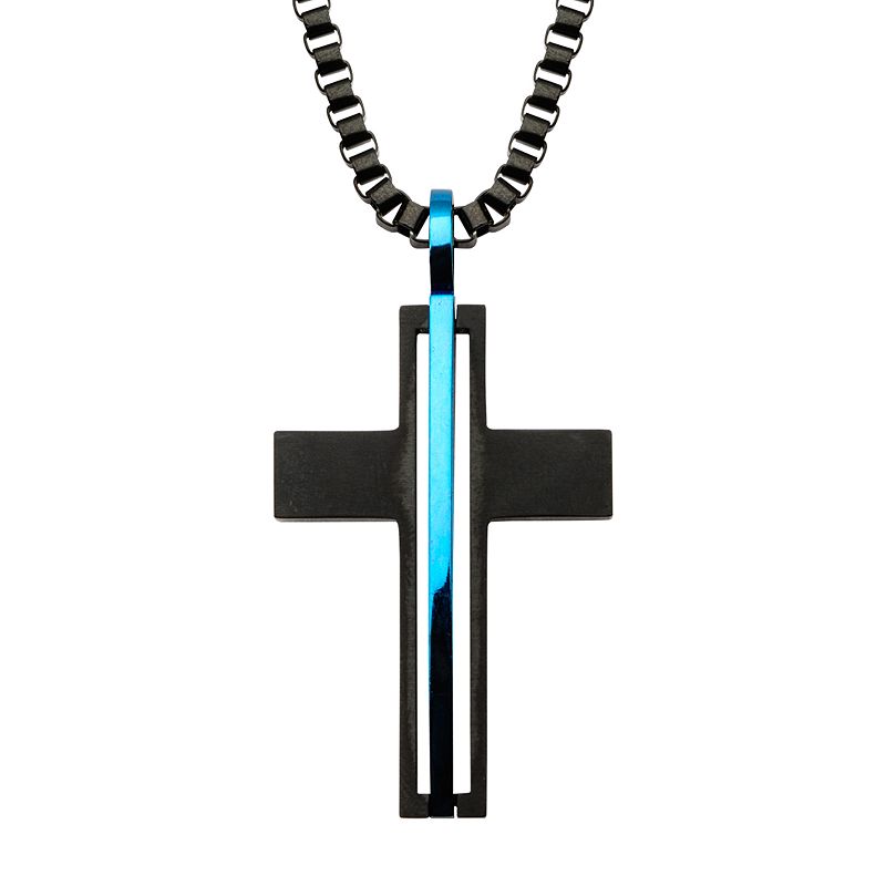 Mens Stainless Steel Black & Blue Cross Pendant Necklace, Size: 24, Mul