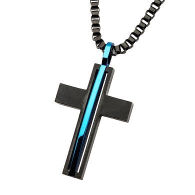 Men's Stainless Steel Black & Blue Cross Pendant Necklace