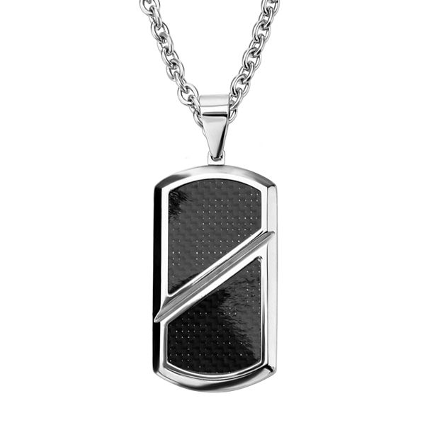 Gem And Harmony Mens Black Carbon Fiber Dog Tag Cross Pendant Necklace in  Stainless Steel with