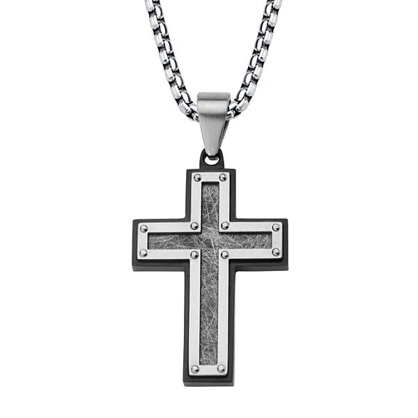 Men's Textured Black Stainless Steel Cross Pendant Necklace