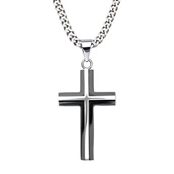 Men's Black Plated Stainless Steel Cross Pendant Necklace