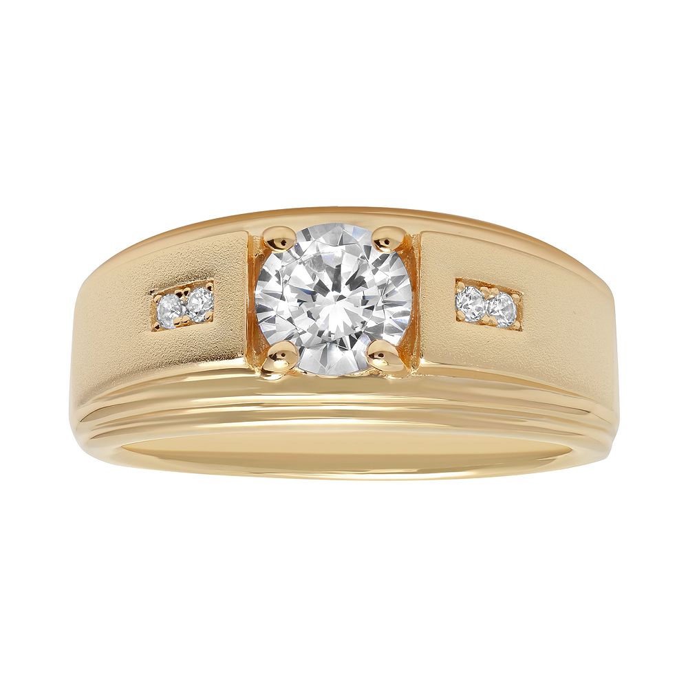 Jewelry Nation Men's 14K Gold over Silver Cubic Zirconia Grooved Ring