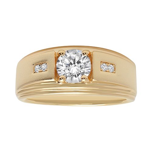 Men's 14K Gold over Silver Cubic Zirconia Grooved Ring