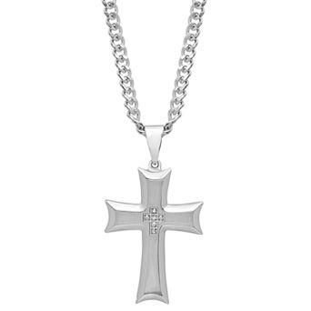 Steel Nation Men's Diamond Accent Stainless Steel Cross Pendant Necklace