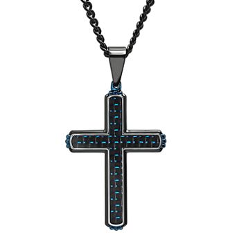 Steel Nation Men's Stainless Steel Two-Tone Carbon Fiber Inlay Cross Pendant
