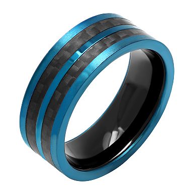 Steel Nation Men's Two-Tone Blue & Black Stainless Steel Stripe Band