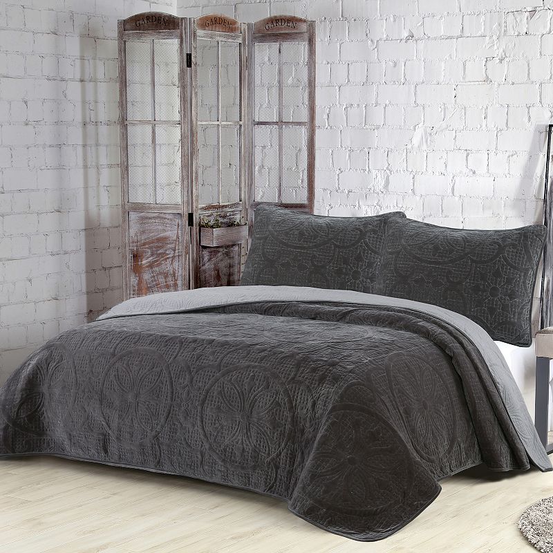 75901155 Joanna Velvet Quilt Set, Grey, King sku 75901155