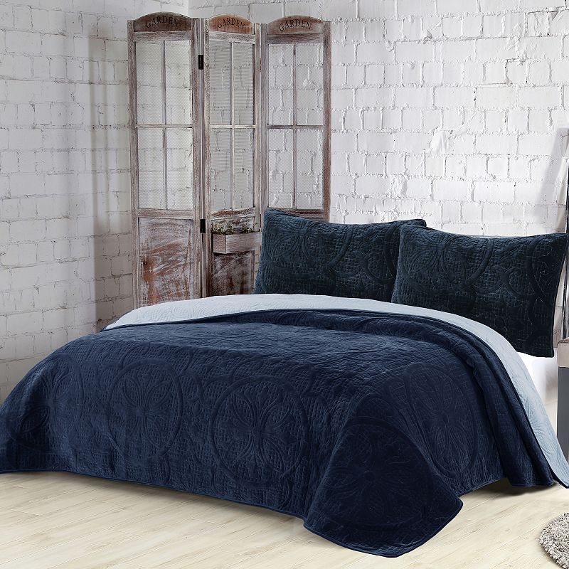 Joanna Velvet Quilt Set, Blue, Full/Queen