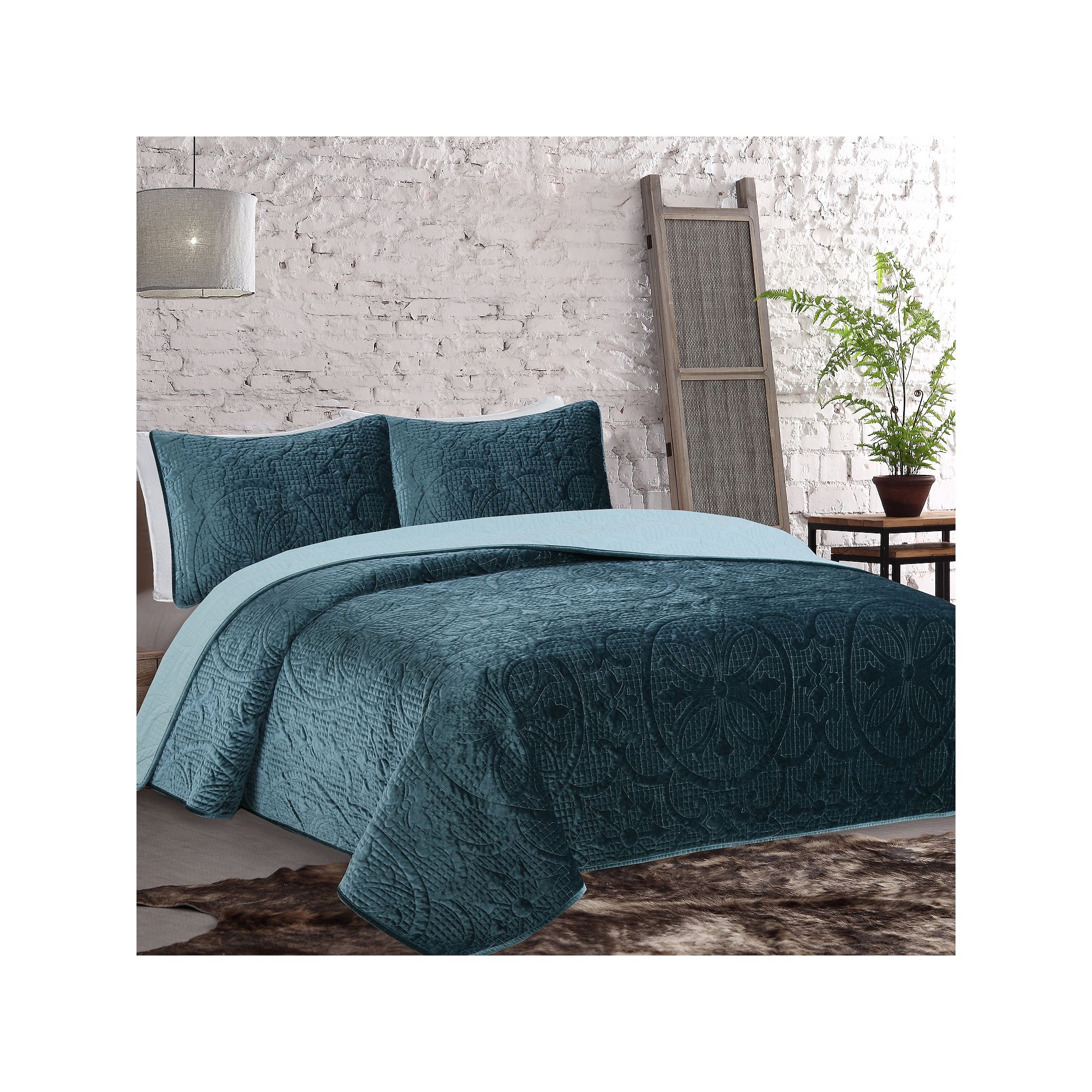 Estate Collection Joanna Velvet Quilt Set, Soft Blue