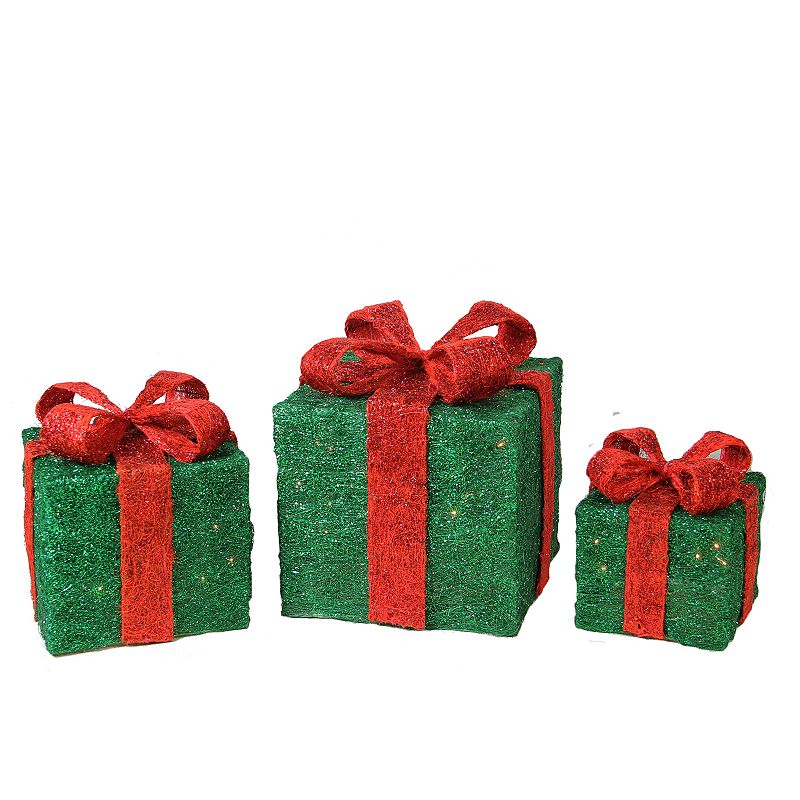 Northlight Seasonal Set of 3 Lighted Sparkling Green Sisal Gift Boxes Chris