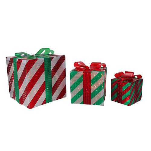 Northlight 3 Piece Glistening Striped Lighted Gift Box Outdoor