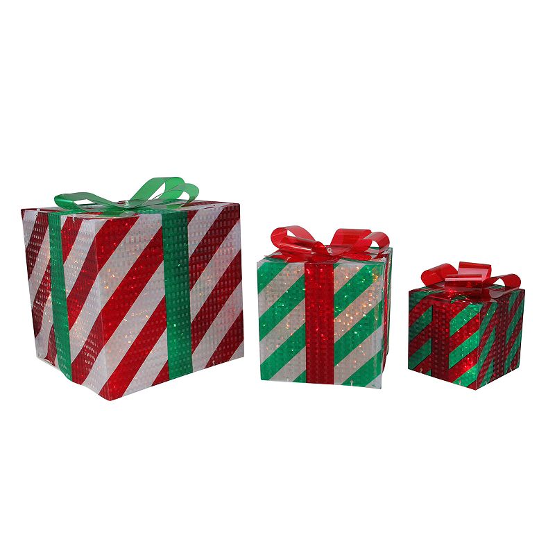 Northlight 3-Piece Glistening Striped Lighted Gift Box Outdoor Christmas De