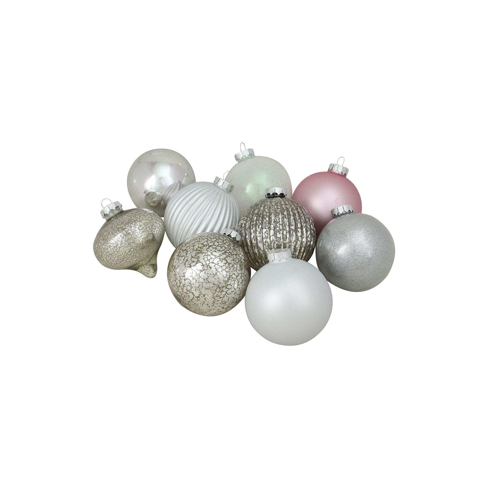 Northlight Seasonal Silver & Pink Ball & Drop Christmas Ornament 9-piece Se