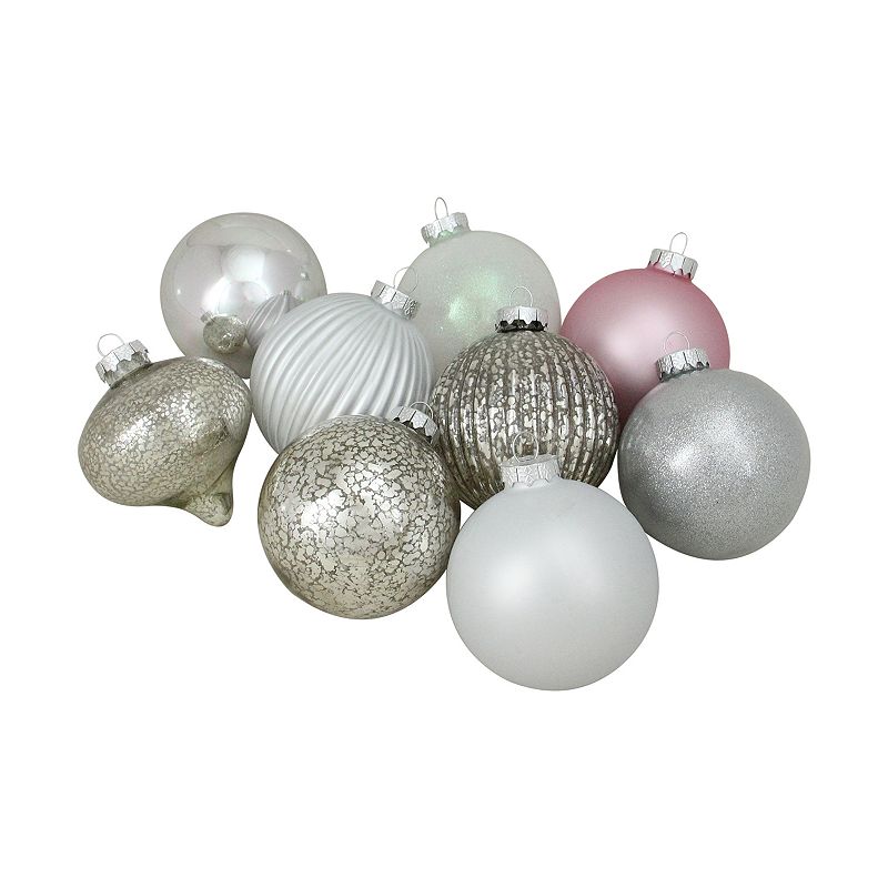 Northlight Seasonal Silver & Pink Ball & Drop Christmas Ornament 9-piece Se