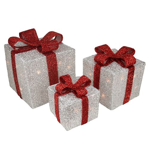 Northlight Seasonal 3 Set Lighted Silver Tinsel Gift Boxes Christmas