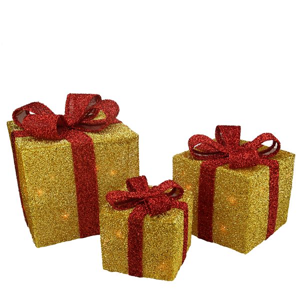 Northlight Seasonal 3-Set Lighted Gold Tinsel Gift Boxes Christmas ...