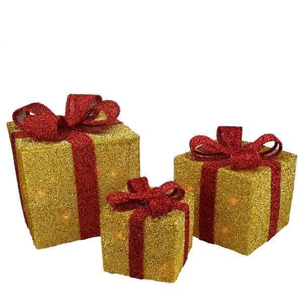 Northlight Seasonal 3Set Lighted Gold Tinsel Gift Boxes Christmas