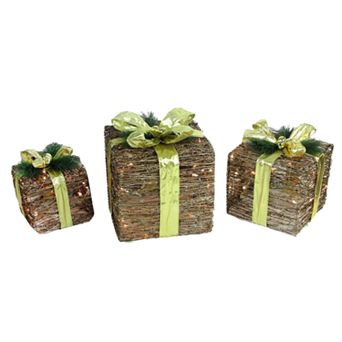Northlight Seasonal Set of 3 Lighted Natural Rattan and Glitter Gift Boxes Christmas Decorations