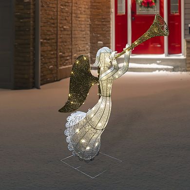 Northlight Seasonal Lighted Glittered Silver and Gold Trumpeting Angel Christmas Outdoor Decoration