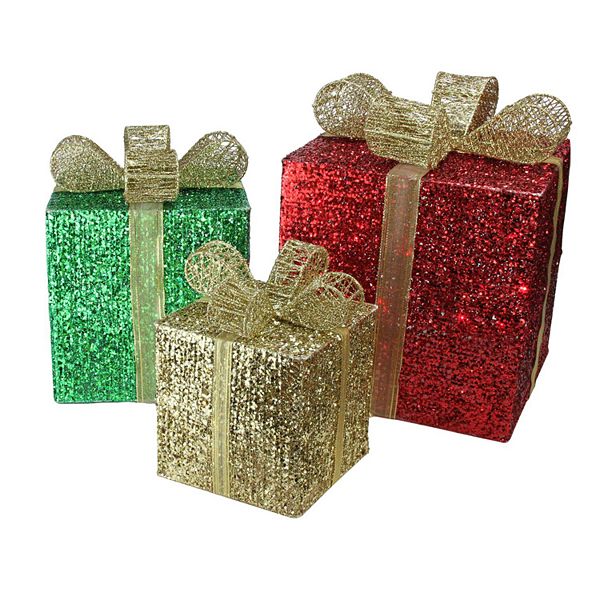 Northlight Seasonal Set of 3 Lighted Glistening Prismatic Gift Box ...
