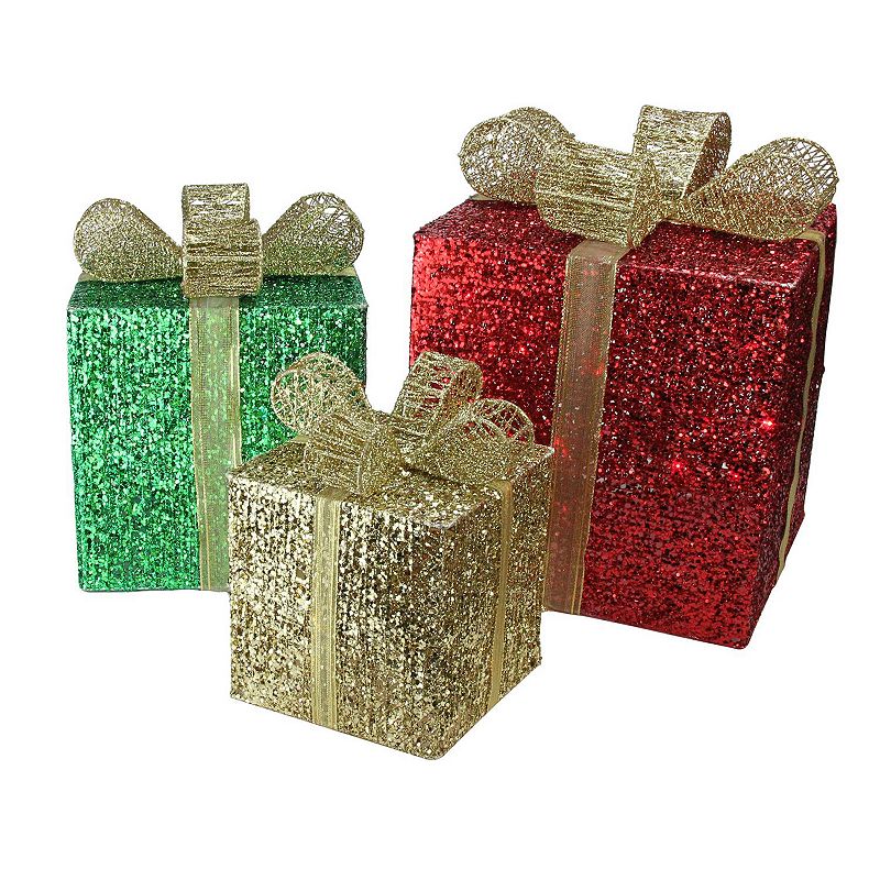 Northlight Seasonal Set of 3 Lighted Glistening Prismatic Gift Box Christma