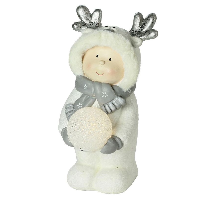 Northlight Seasonal Smiling Child in White Snow Suit Holding LED Lighted Sn