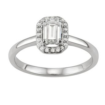Charles & Colvard 14k White Gold Lab-Created Moissanite 5/8 Carat T.W. Emerald-Cut Halo Ring
